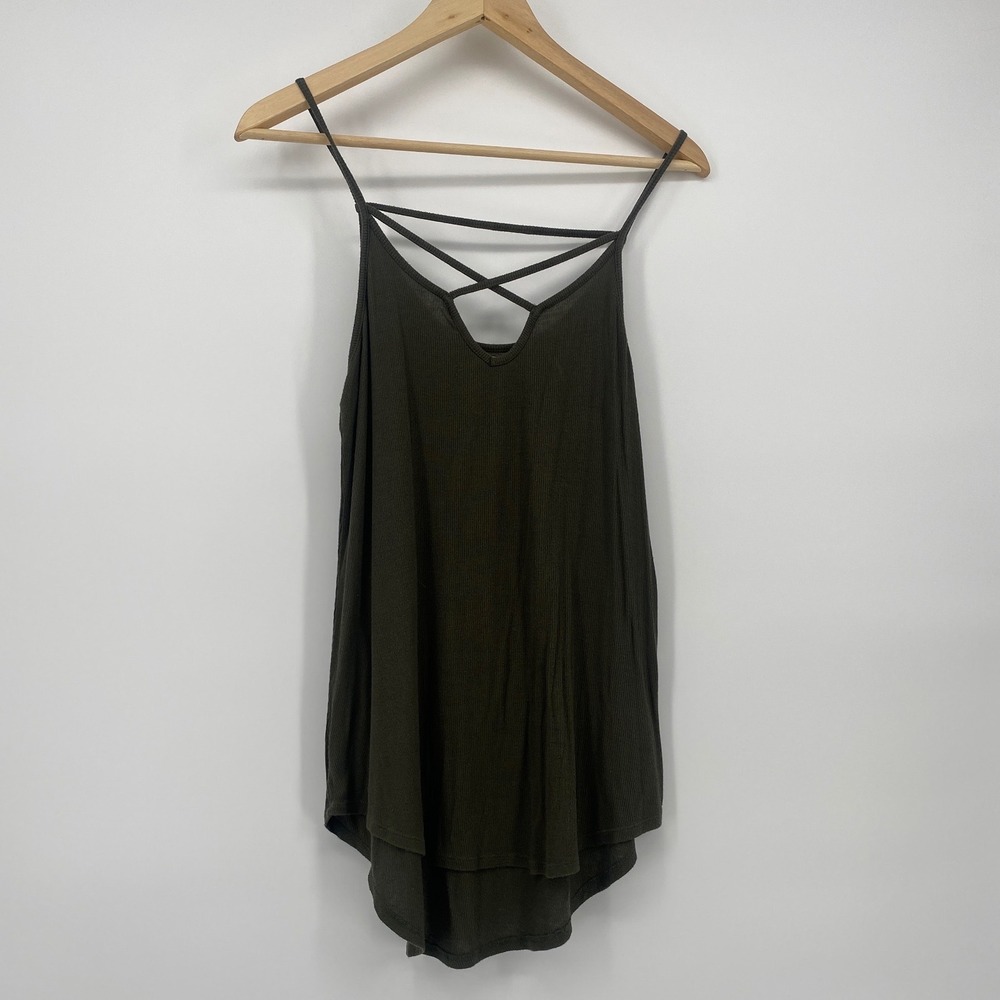 Cami Tank Top Small Olive Green Excellent Ribbed Lattice High Low Boho